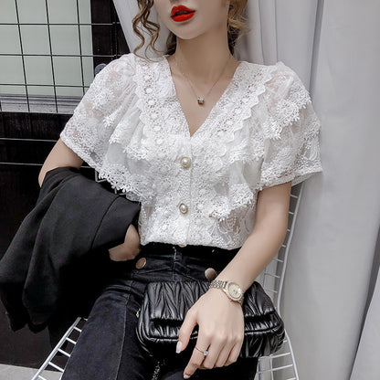 Fresh on the Scene at Buy Center: French Style Elegant V-neck Single-breasted Lace Shirt Western Style