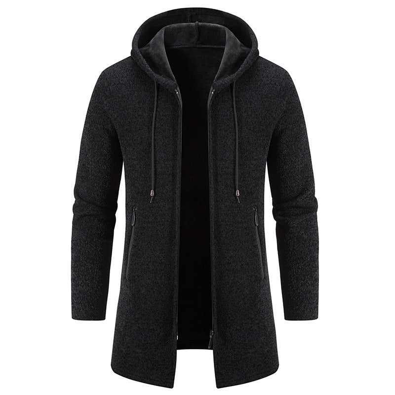 Autumn And Winter Fleece-lined Thickening Trendy Solid Color Men's Cardigan Mid-length Hooded Jacket | Men's Clothing-Outerwear & Jackets-Man T | Buy Center