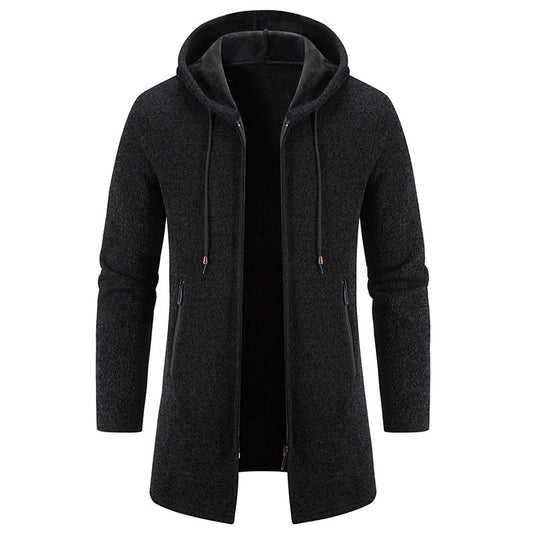 Autumn And Winter Fleece-lined Thickening Trendy Solid Color Men's Cardigan Mid-length Hooded Jacket | Men's Clothing-Outerwear & Jackets-Man T | Buy Center