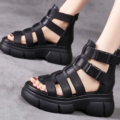 New Female Leather Hollow-out Platform Retro Stylish Women's Sandals