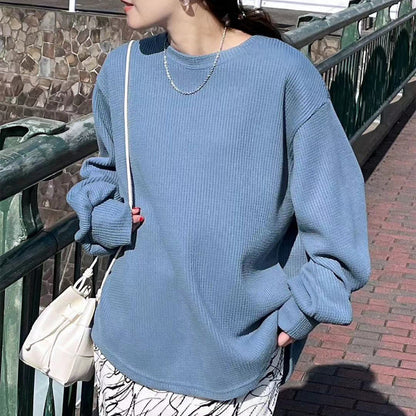 Loose Casual High-grade Waffle Bottoming Shirt Sky Blue