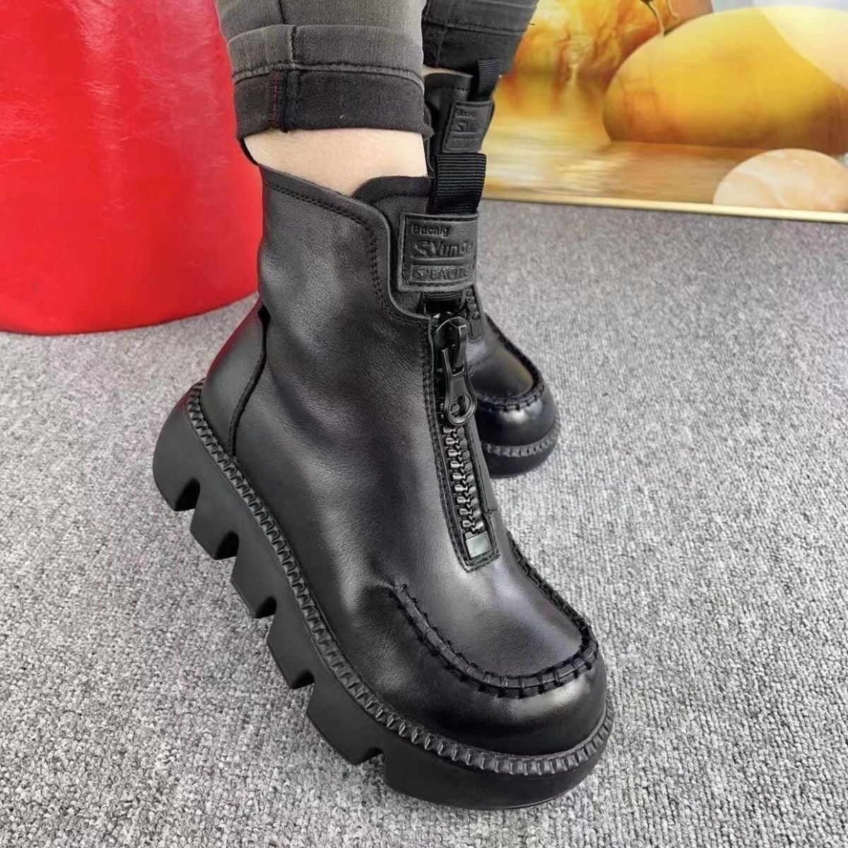 Fresh on the Scene at Buy Center: Cotton Boots Soft Full Grain Leather Retro Platform Motorcycle Boots Muffin Heel Black Plus Velvet