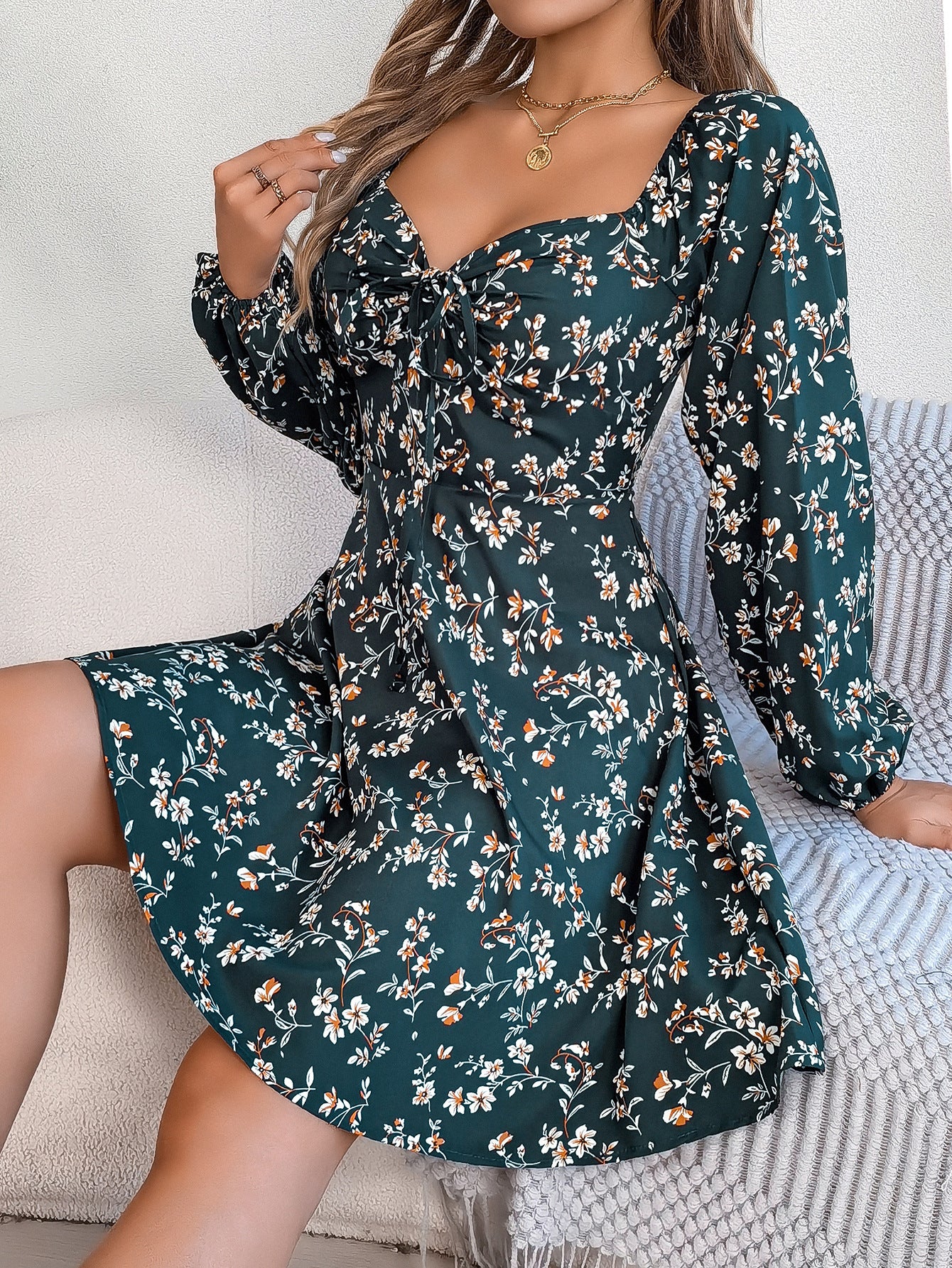 Newly Released at Buy Center: Fashion Floral Print Lantern Sleeve Dress Casual Sexy Tie Square Neck Long Sleeve A-Line Dress Women's Clothing