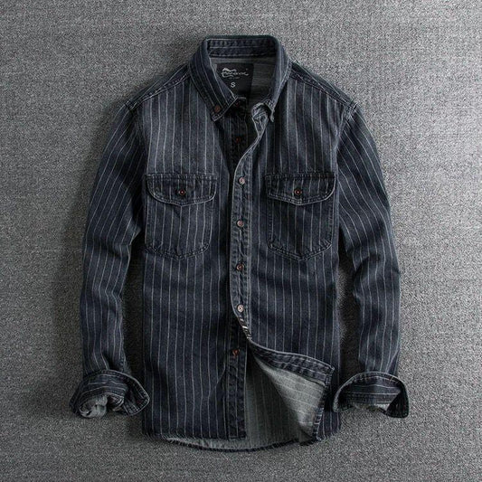 Buy Center Deal of the Day-Denim Shirt Retro Heavy Distressed Thick Striped Long Sleeve Coat