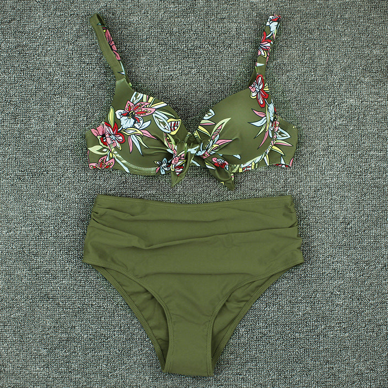 Buy Center Choice-Printed Hard Bag Solid Color High Waist Sexy Split Bikini Female Army Green