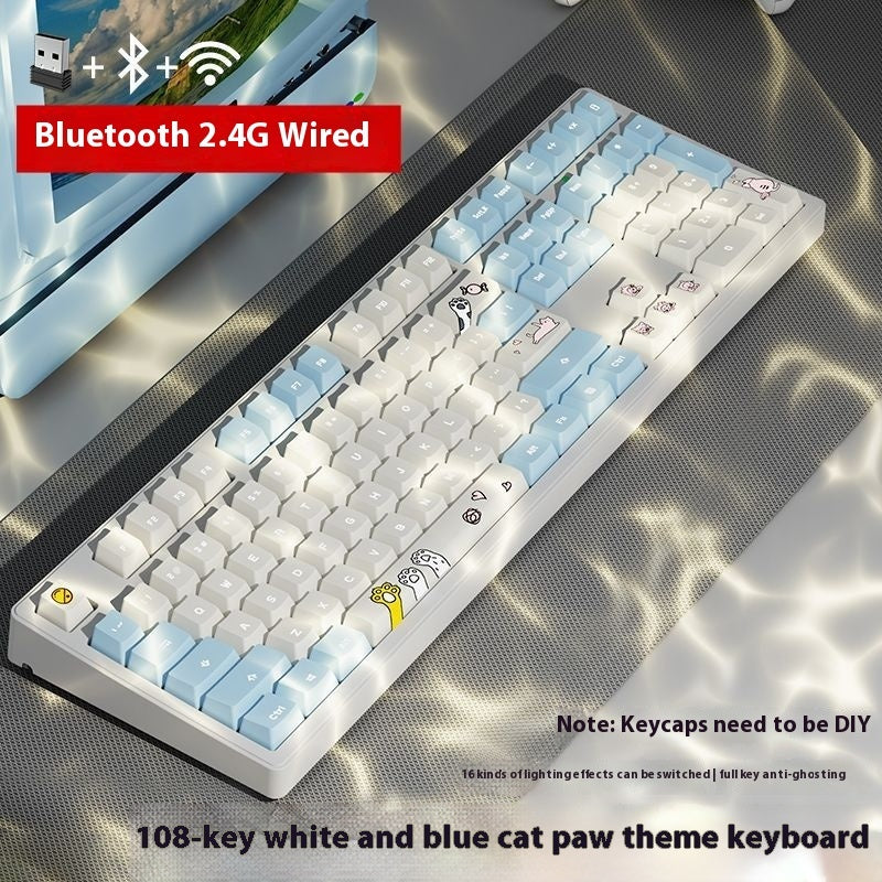 Office Game Wireless Bluetooth Three-model Mechanical Keyboard White And Blue Cat's Paw 108