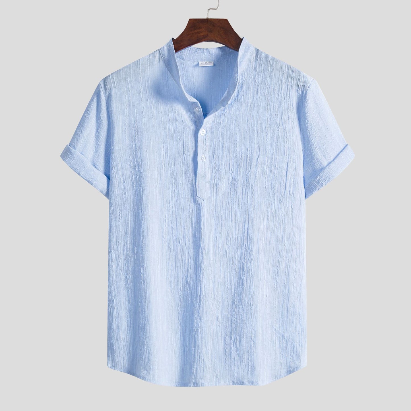 Men's Cotton Linen Shirt Stand Collar Light Blue