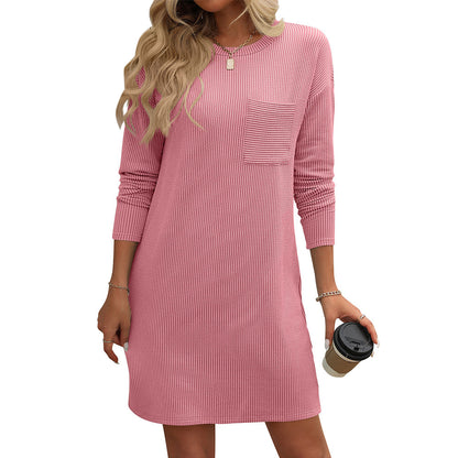 Fresh Arrivals at Buy Center: New Solid Color Striped With Pockets Long Sleeve Dress Fashion Round Neck Straight Dress Women's Clothing Pink