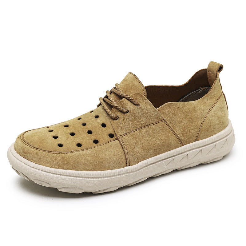 Now Available at Buy Center: Pigskin Casual Hollow Out Breathable Velcro Suede British Casual Outdoor Shoes Yellow strap Hollow Out