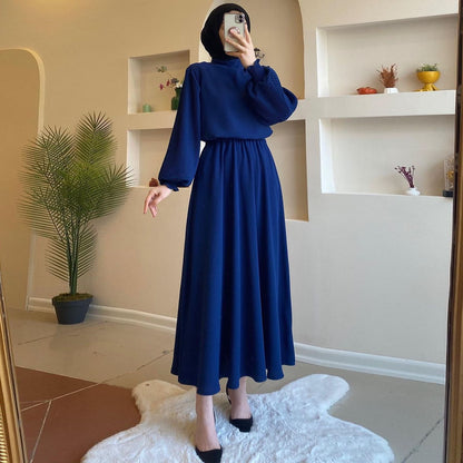 Buy Center Premium-Middle East Muslim Arab Fall Winter Fashion Pleated Lace-up Dress IQ386 Blue