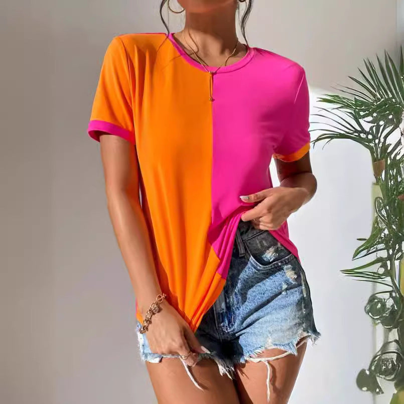 Just Arrived at Buy Center: Women's Color Matching Simple Casual All-match Round Neck Short Sleeve