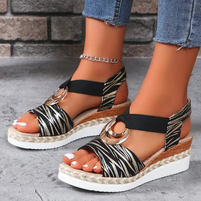 Trending Now at Buy Center: Women's Metal Buckle Hemp Rope Wedge Peep Toe Sandals