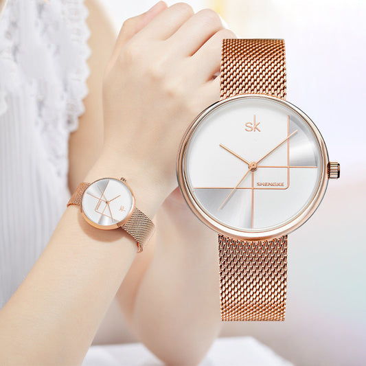 Reloj de cuarzo con correa de malla y diseño geométrico sencillo para mujer