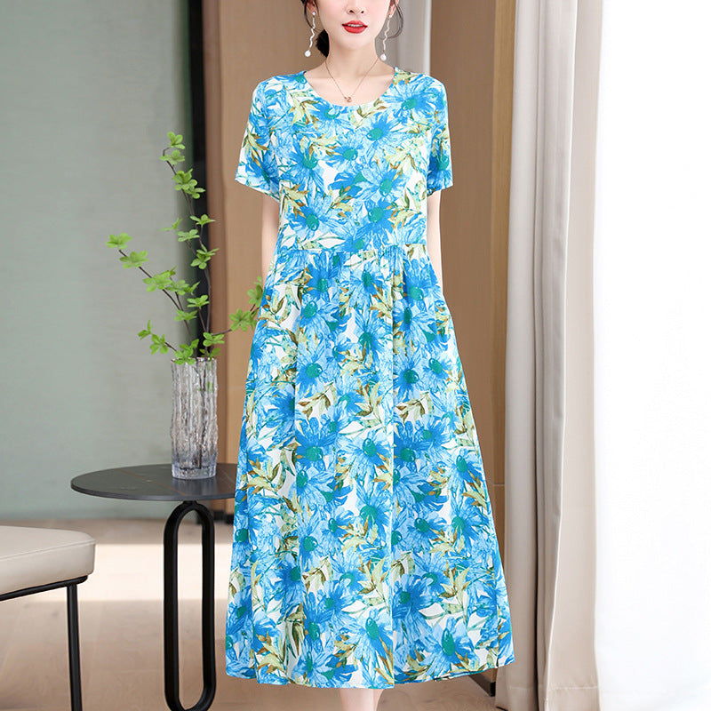 Buy Center Hot Pick-Casual Extra Large Size Cotton Silk Mother Loose Dress Women Light Blue