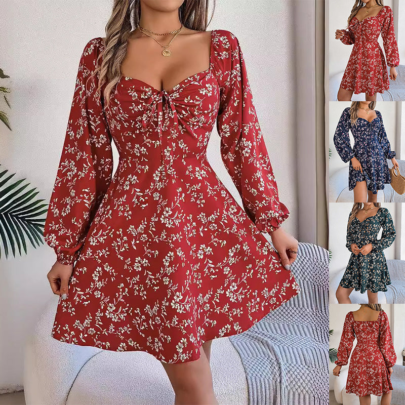 Newly Released at Buy Center: Fashion Floral Print Lantern Sleeve Dress Casual Sexy Tie Square Neck Long Sleeve A-Line Dress Women's Clothing