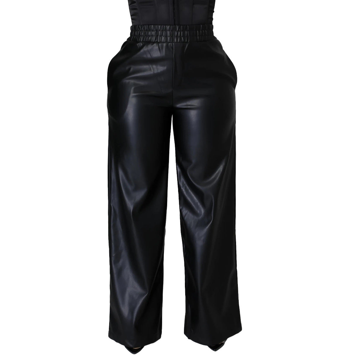 Solid Color Loose Wide Leg Pocket PU Leather Pants Buy Center