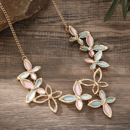 Buy Center Hot Pick-Color Painting Oil Hollow Pansy Necklace Fashion Pink And Green Butterfly Gold