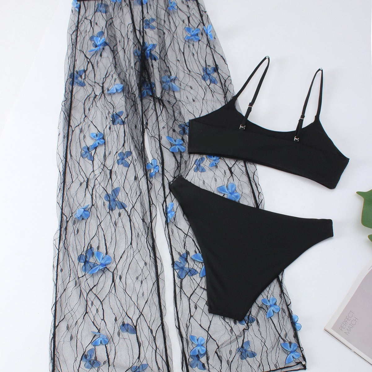 Fresh Arrivals at Buy Center: Women's Voile Transparent Black Butterfly Bikini Three-piece Set