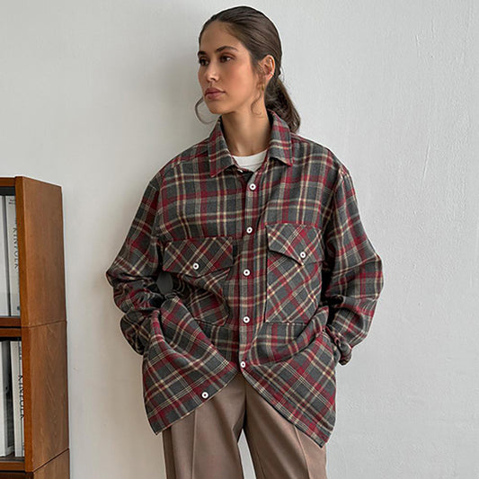 Buy Center Deal of the Day-Retro Plaid Women's Shirt Minimalist Long Sleeve Plaid