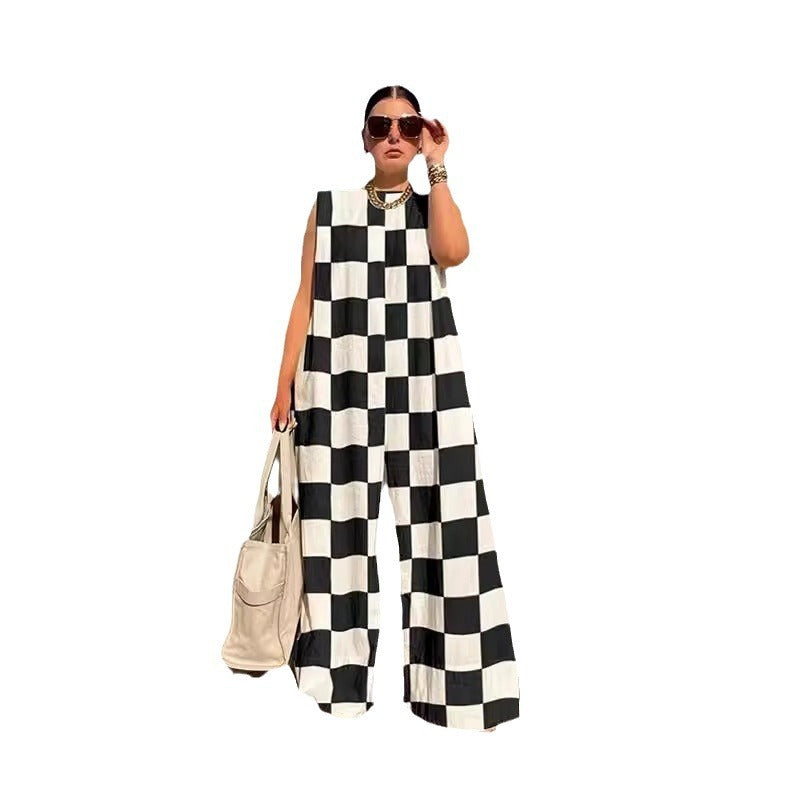 Hot New Items at Buy Center: Loose Casual Women's Fashion Plaid Colored Mosaic Jumpsuit