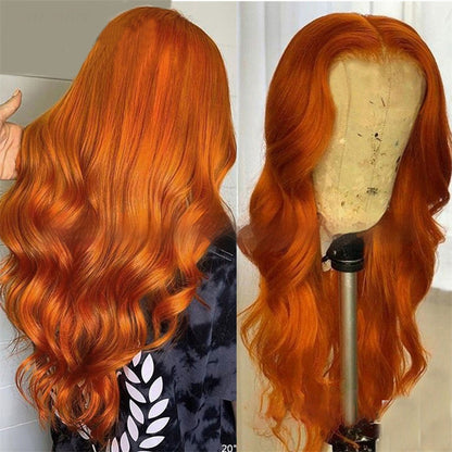 Peluca con ondas corporales de color jengibre y encaje frontal en stock Tocado de encaje con ondas grandes de color naranja