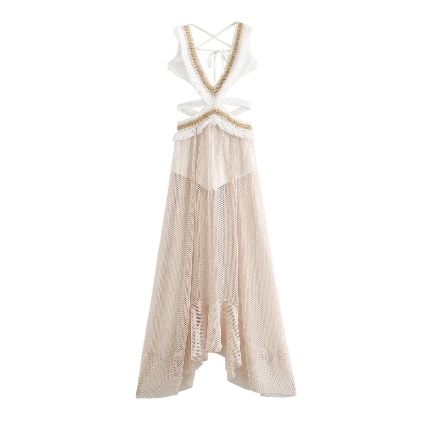 Buy Center Handpicked- Hollow Out Tied Tassel Stitching Mesh Sleeveless Dress