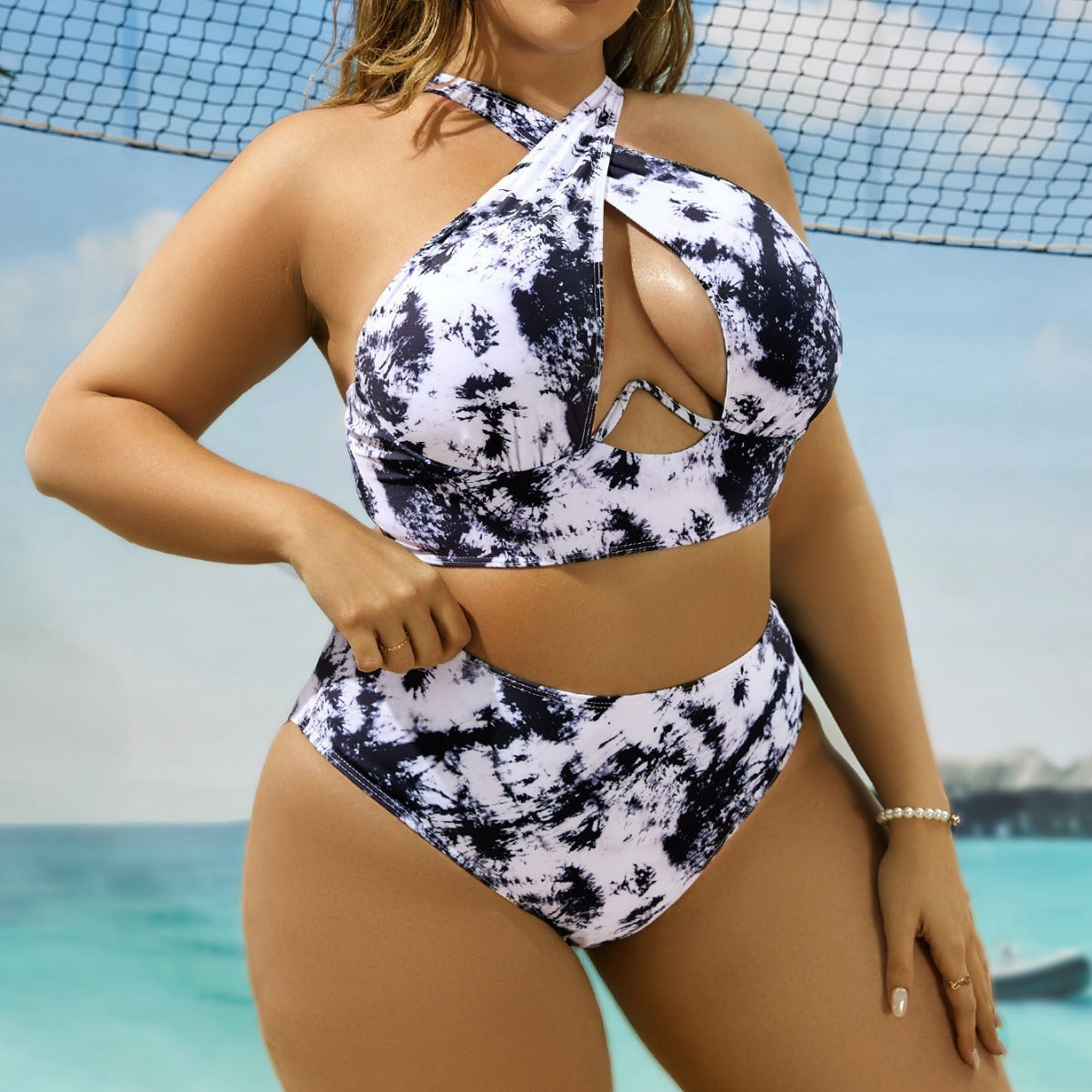 Newly Released at Buy Center: Cross Collar Random Printed Bikini Swimsuit Suit