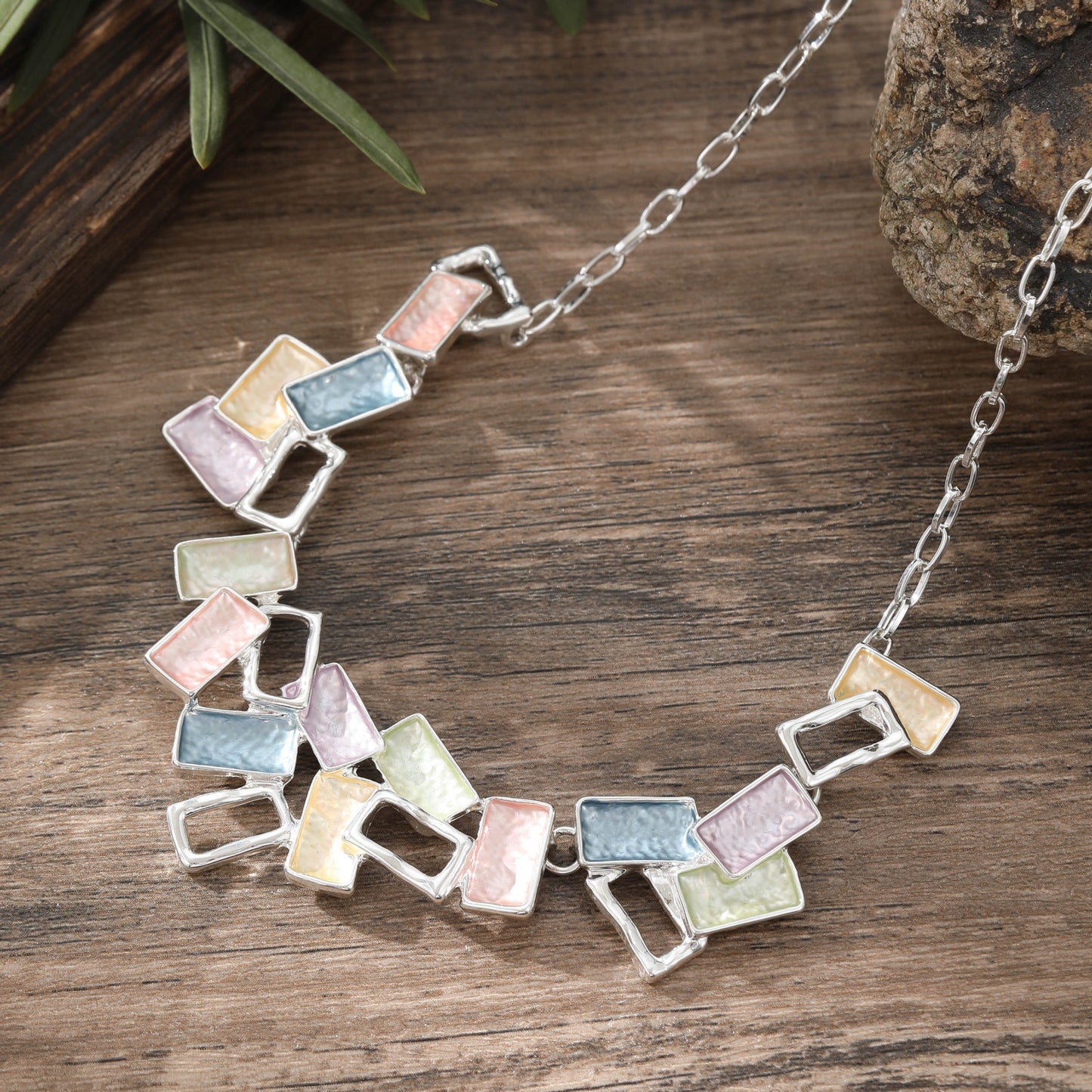 Buy Center Hot Pick-Colorful Painting Oil Geometric Hollow Square Necklace Creative Spring Color Square Silver