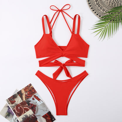 Fresh on the Scene at Buy Center: Solid Color Strap Beach Bikini Swimsuit Red