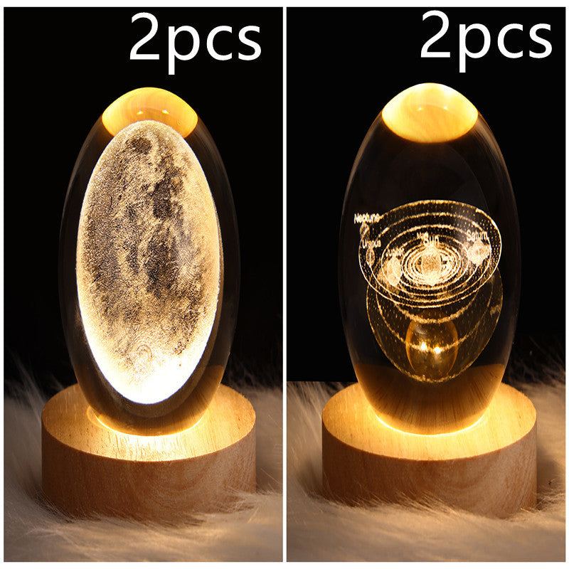 LED Night Light Galaxy Crystal Ball Table Lamp 3D Planet Moon Lamp Bedroom Home Decor For Kids Party Children Birthday Gifts Solid Wood Seat Set36 USB