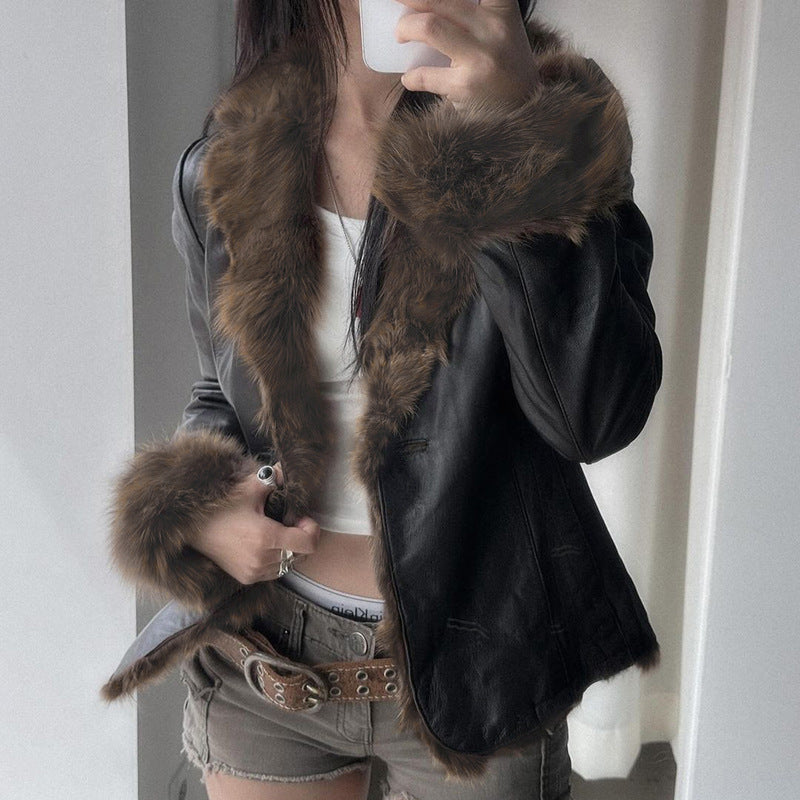 American Street Loose Fur Collar Leather Coat | Women's Clothing-Outerwear & Jackets-Lea | Buy Center