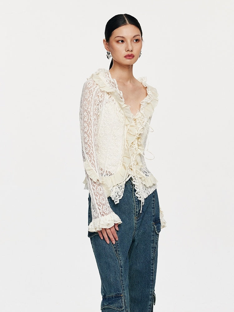 Fresh on the Scene at Buy Center: Lace Tie With Fungus Edge Long Sleeved Pullover