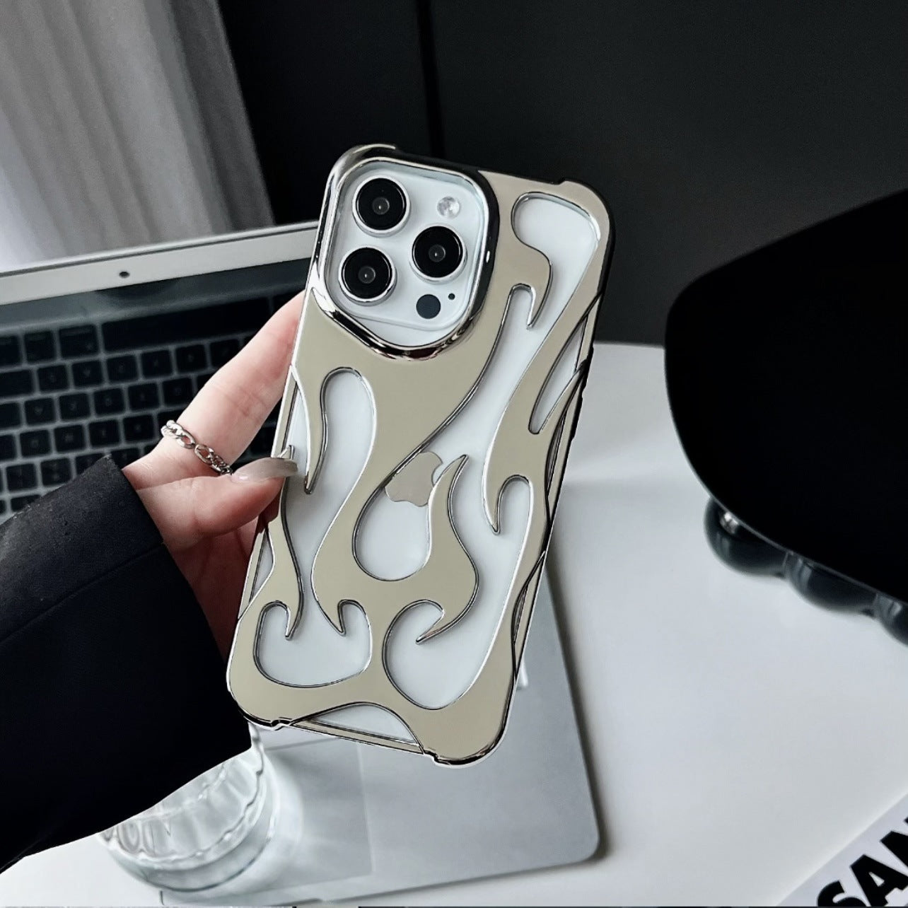 Buy Center Choice-Electroplating Hollow Heat Dissipation Phone Case Flame Pattern High-grade Soft Shell Silver Electroplated