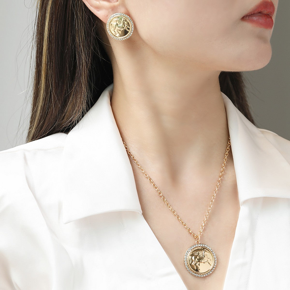 Buy Center Top Rated-Ancient Coin Relief Pegasus Figure Carving Necklace And Earrings Suite suit