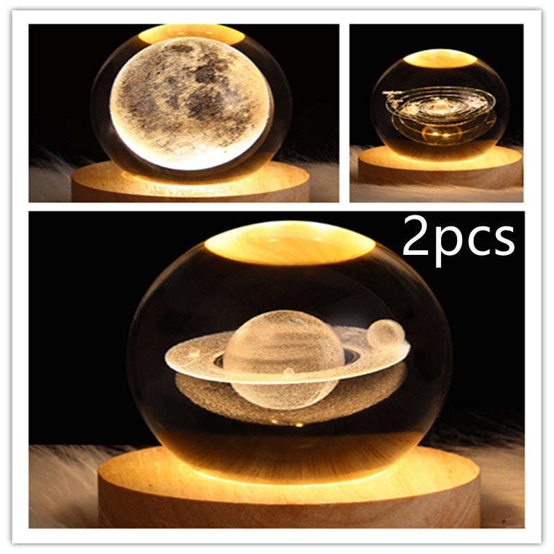 LED Night Light Galaxy Crystal Ball Table Lamp 3D Planet Moon Lamp Bedroom Home Decor For Kids Party Children Birthday Gifts Solid Wood Seat Set17 USB