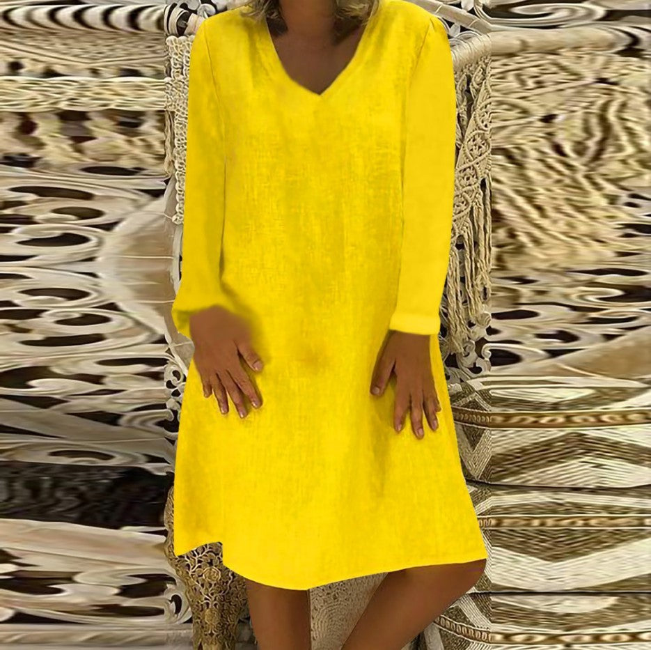 Buy Center Exclusive Offer-Women's Cotton Linen V-neck Long Sleeve Solid Color Dress Yellow