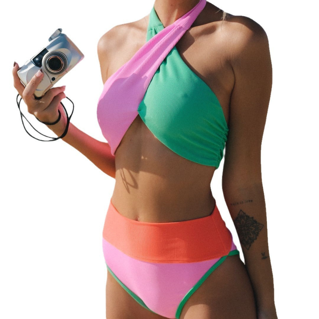 Hot New Items at Buy Center: Women's Split Color Block Stitching Bikini Cross High Waist Swimsuit