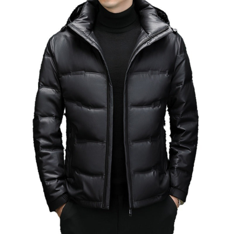 Men's Casual Solid Color White Duck Down Warm Hooder Leather Coat