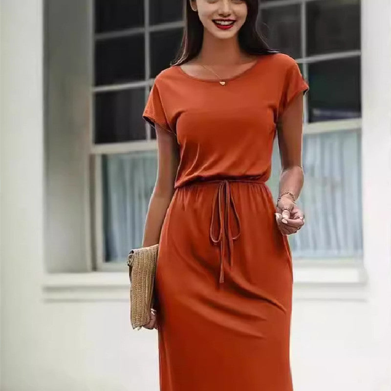 Buy Center Top Rated-Women's Fashion Waist-controlled Solid Color Dress Orange Red