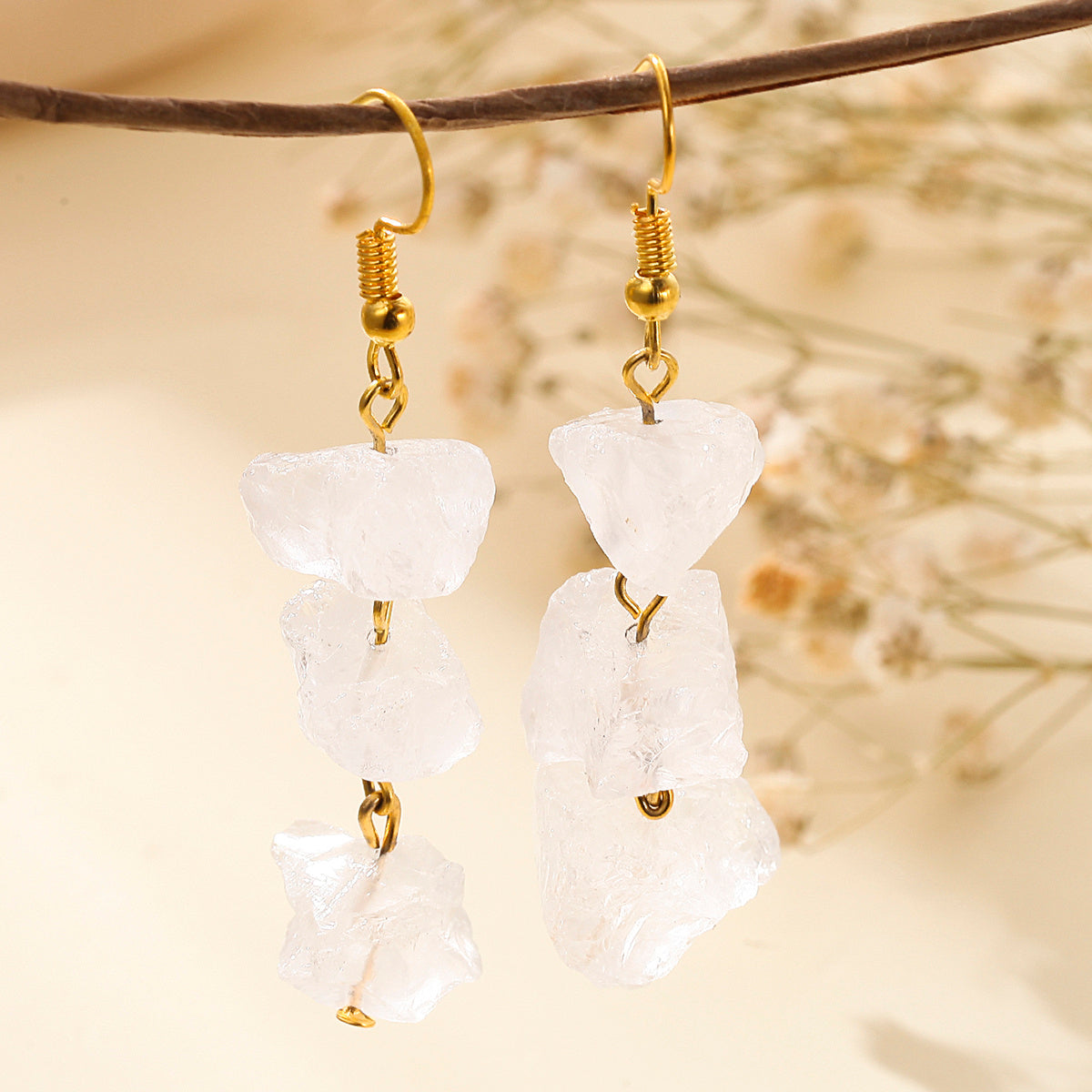 Buy Center Picks-Crystal Earrings With Irregular Raw Stones, Crushed Stones, Tassels, And Long Earrings White