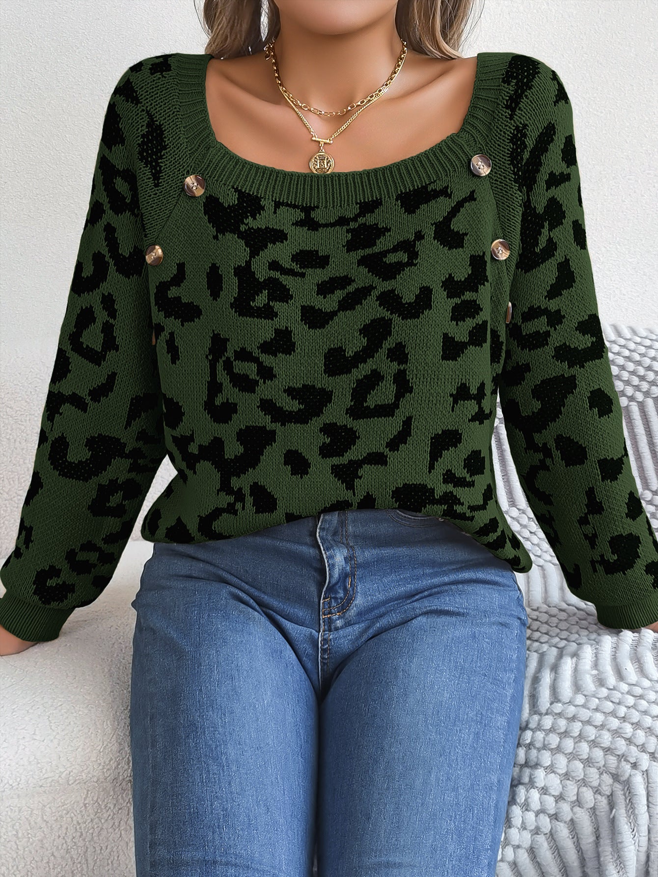 Casual Square Collar Button Contrast Color Leopard Print Long Sleeve Sweater Buy Center