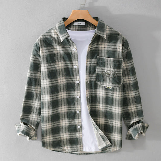 Newly Arrived at Buy Center: Cotton Plaid Long-sleeved Shirt Retro Cotton Brushed Casual Overshirt