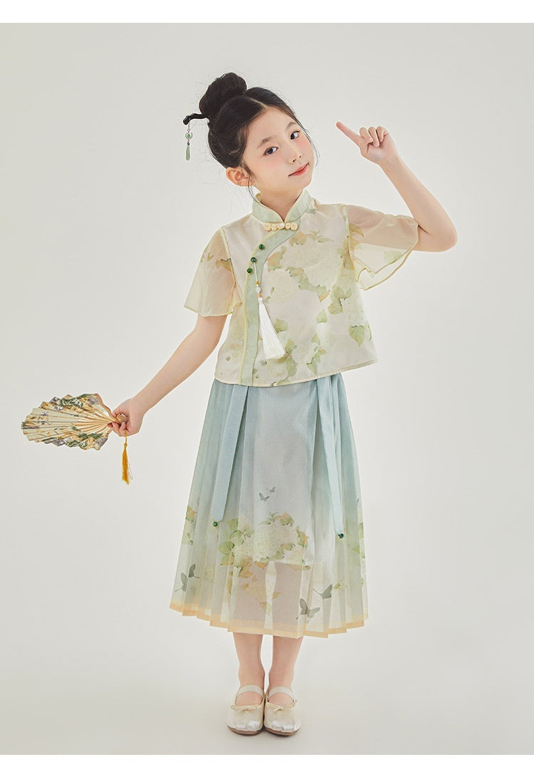 Fresh Arrivals at Buy Center: Girls Chinese Style Traditional Short Sleeve Horse-face Skirt Kids Clothes Two-piece Suit