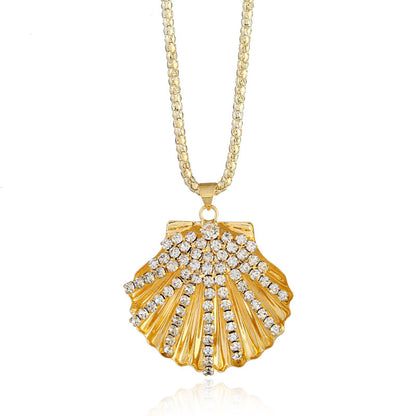 Hot New Items at Buy Center: Metal Fan Shell Rhinestone Long Necklace Gold