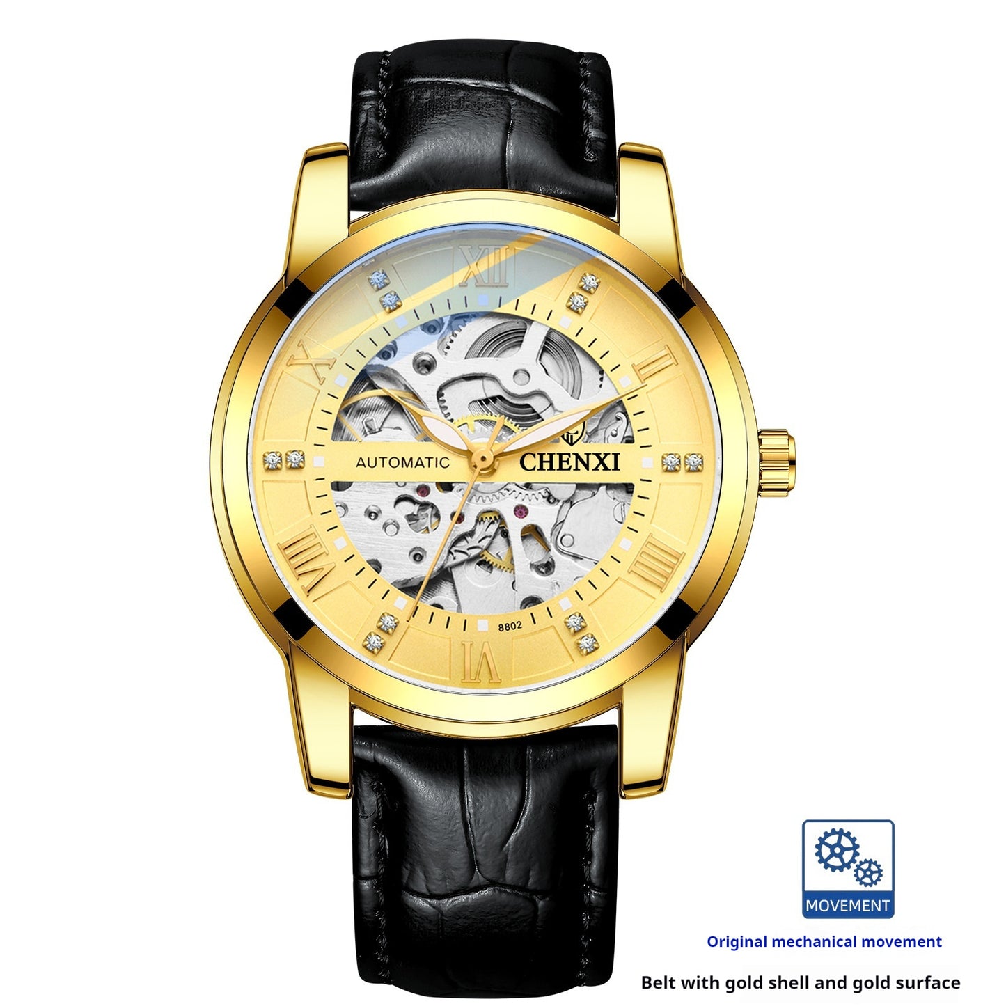 Buy Center Handpicked- Hollow Automatic Mechanical Watch Belt Waterproof Belt Gold Shell Gold Surface