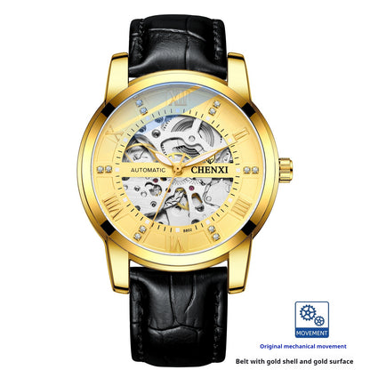 Buy Center Handpicked- Hollow Automatic Mechanical Watch Belt Waterproof Belt Gold Shell Gold Surface