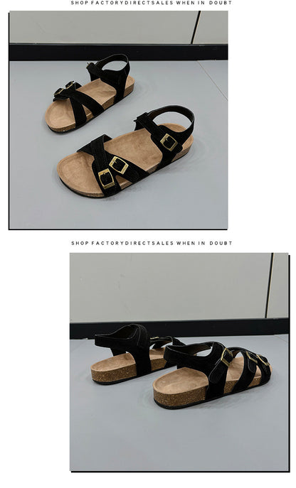 Just Arrived at Buy Center: Women's Belt Buckle Cross Strap Large Size Flat Bottom Casual Slippers