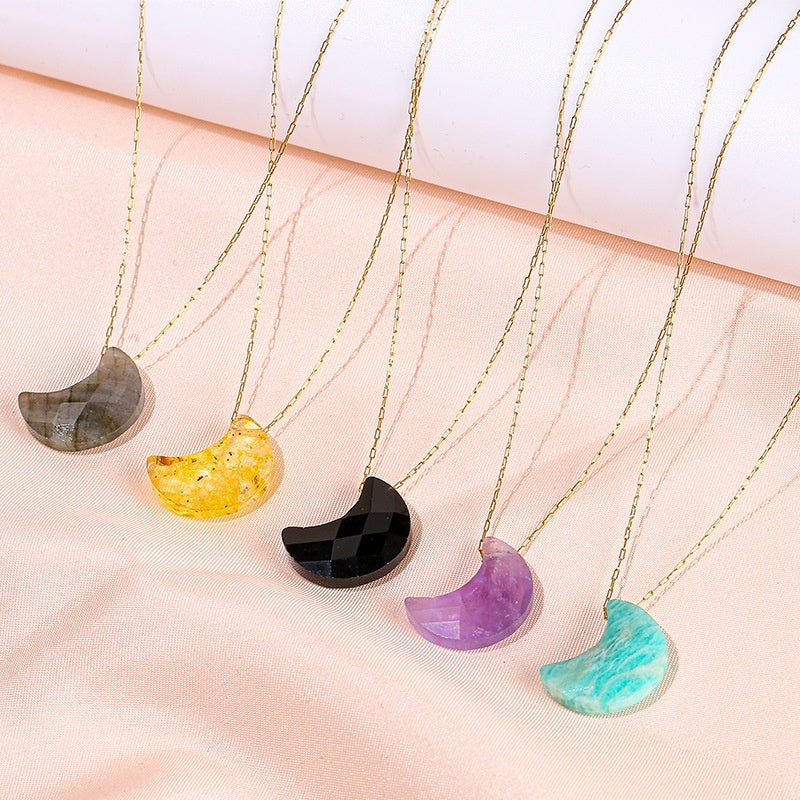 Buy Center Choice-Popular Temperament Natural Stone Cut Moon Titanium Steel Necklace