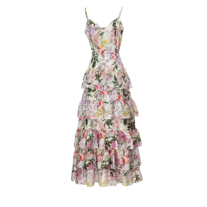 Buy Center Handpicked- New Elegant Single-breasted Spaghetti-strap Floral Print Ruffled Large Swing Dress