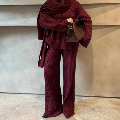 All-match V-neck Long-sleeved Sweater Trousers Suit With Scarf Buy Center